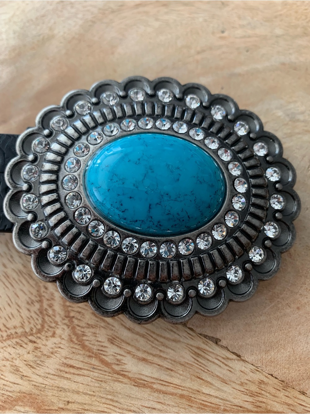 CHRISTINE ALEXANDER Concho Swarovski Crystals Turquoise Blk Leather Belt size L - Picture 2 of 8
